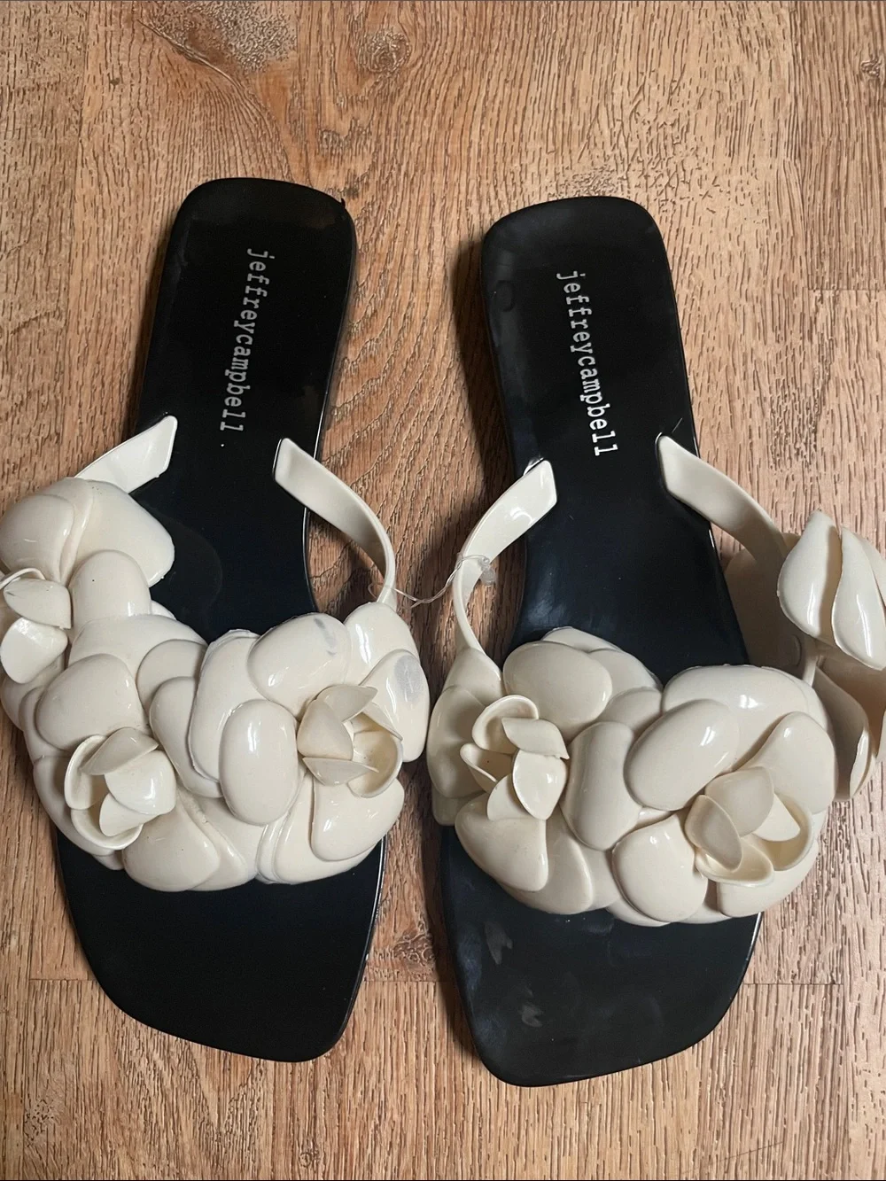 Jeffrey Campbell Black Footbed White Floral Slide Sandals